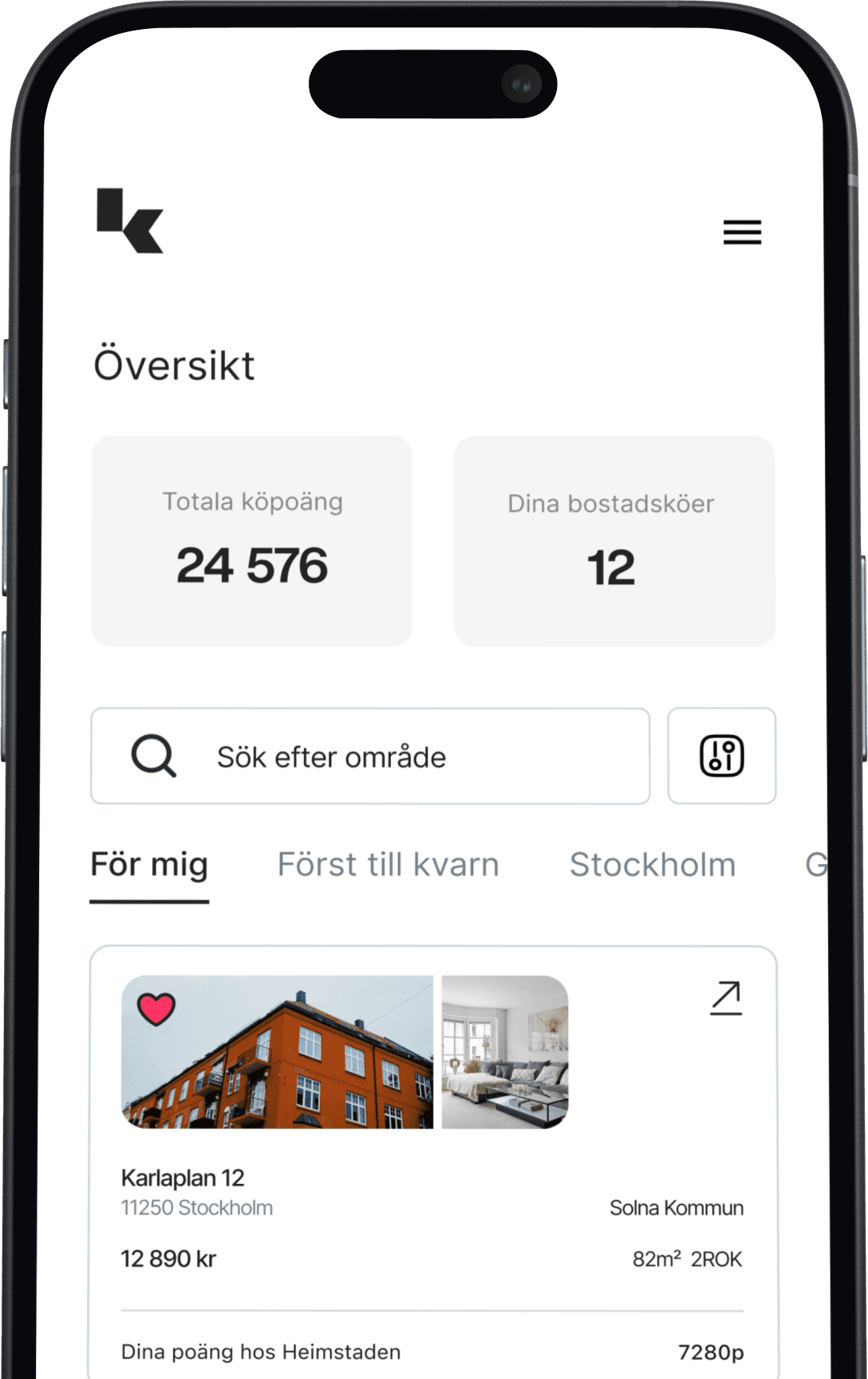 Bild på KöKolls startsida på telefon
