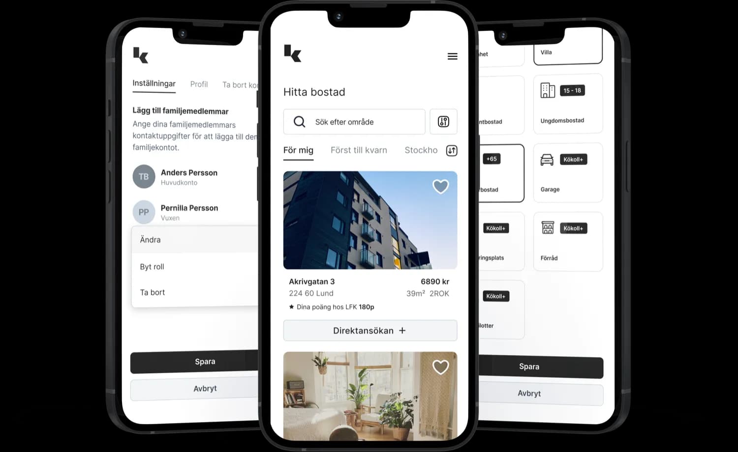 Tre telefoner som visar premium funktioner