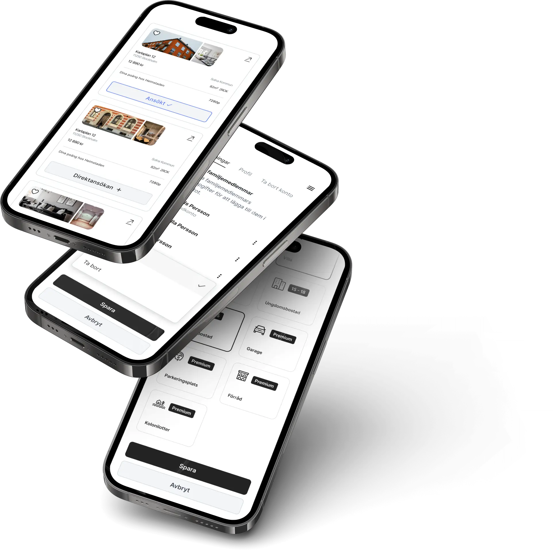 Tre telefoner som visar premium funktioner