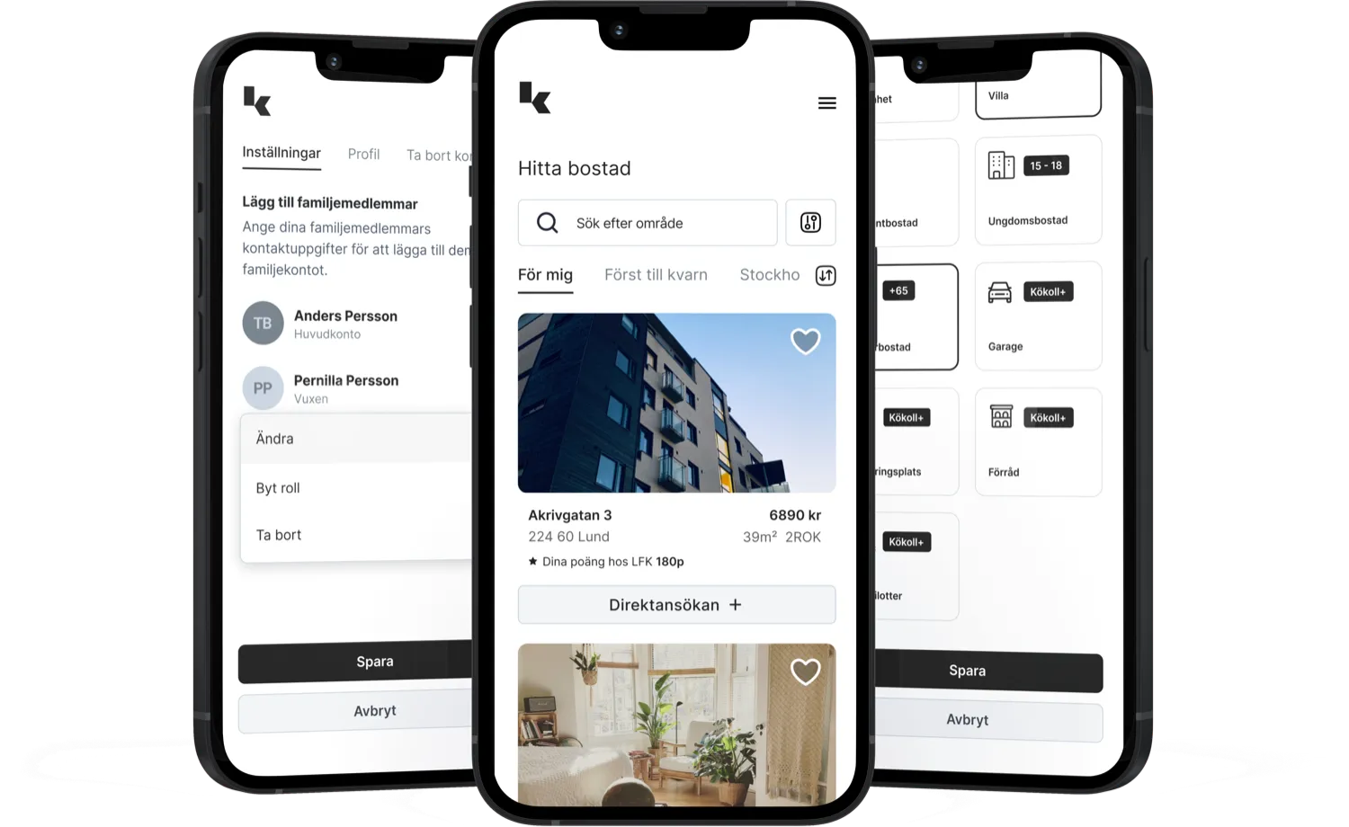 Tre telefoner som visar premium funktioner